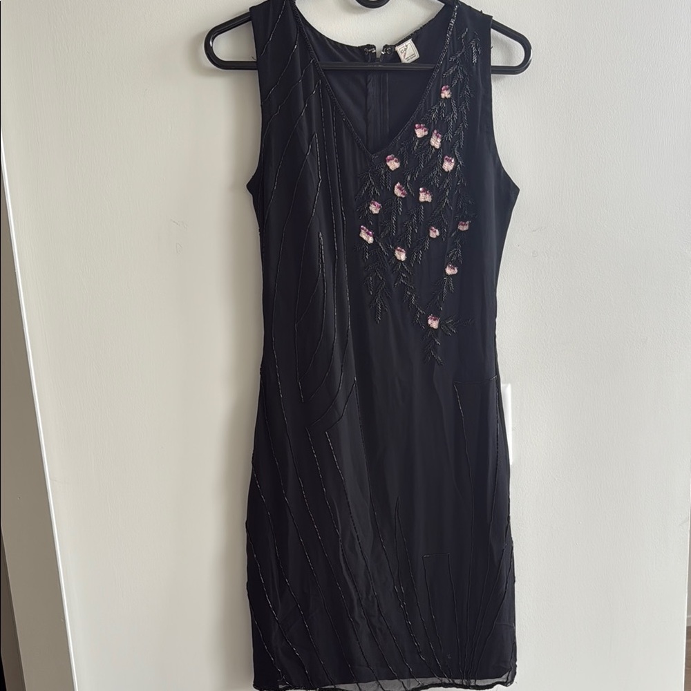 Black Silk Dress with Pink Beaded and Sequined Accents